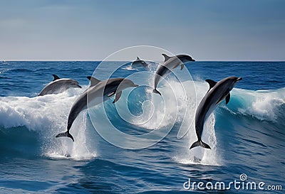 AI generated illustration of a group of playful dolphins leaping out of a crystal-clear sea Cartoon Illustration