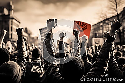 AI generated illustration of a group of protesters marching in the street with posters Cartoon Illustration