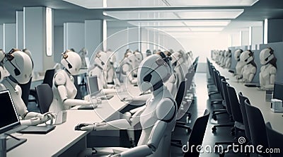 AI generated illustration of a group of robots working in a dystopian office utilizing computers Cartoon Illustration