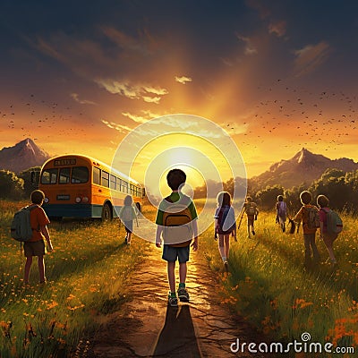 AI generated illustration of a group of school children in a lush green field walking to the bus Cartoon Illustration