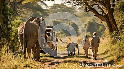 people in safari vehicles walk alongside elephants on a path between two trees Cartoon Illustration