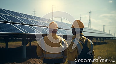 workers in helmets look at the array of solar panels on the roof Cartoon Illustration