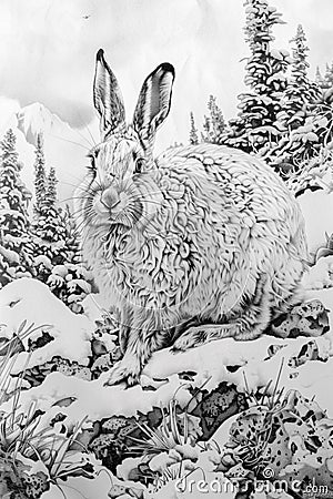 AI generated illustration of a hand-drawn black and white pen sketch of a Tibetan Wooly Hare Cartoon Illustration