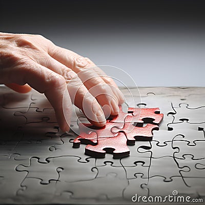 AI generated illustration of a hand of a woman trying to fit in red puzzle pieces Cartoon Illustration