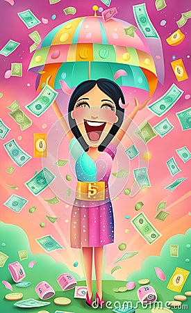 AI generated illustration of a woman winning the lottery jackpot under raining money Cartoon Illustration