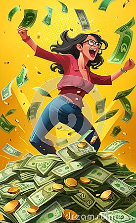 AI generated illustration of a woman winning the lottery jackpot under raining money Cartoon Illustration