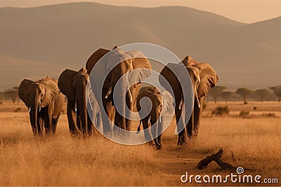 AI generated illustration of a herd of African elephants walking through a lush savanna Cartoon Illustration