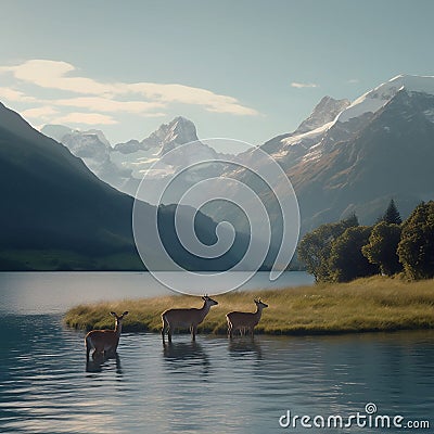 AI generated illustration of a herd of deer gracefully traversing a lush green river meadow Cartoon Illustration