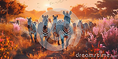 AI generated illustration of a herd of zebras in a savanna at sunset Cartoon Illustration