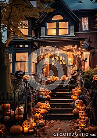 AI generated illustration of a house with a porch and step decorated with orange pumpkins Cartoon Illustration
