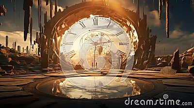 AI generated illustration of a huge, vintage clock in golden sunlight Cartoon Illustration