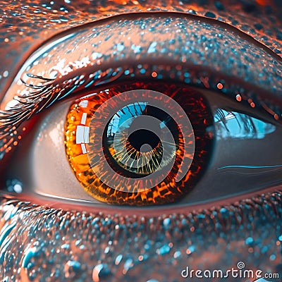 AI generated illustration of a human eye, with the reflection of a mirror seen in the lens Cartoon Illustration