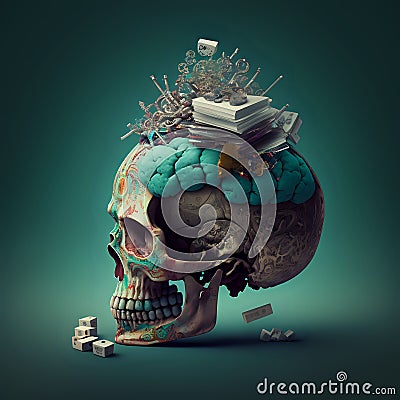 AI generated illustration of a human head skeleton with a pile of papers and objects on the brain Cartoon Illustration