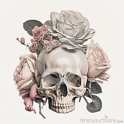 AI-generated illustration of a human skull and roses on a white background. Cartoon Illustration