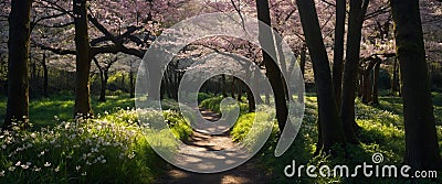 AI generated illustration of a hyper-realistic forest scene with path with flowers on a sunny day Cartoon Illustration