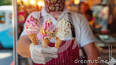 AI generated illustration of an ice cream vendor in a mask holding three cones Cartoon Illustration