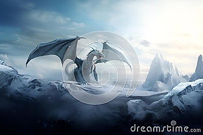 AI generated illustration of an ice dragon soaring over a spectacular winter landscape Cartoon Illustration
