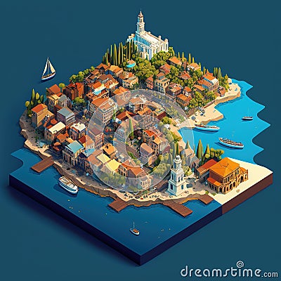 AI generated illustration of an idyllic island landscape featuring beautiful coastal buildings Cartoon Illustration