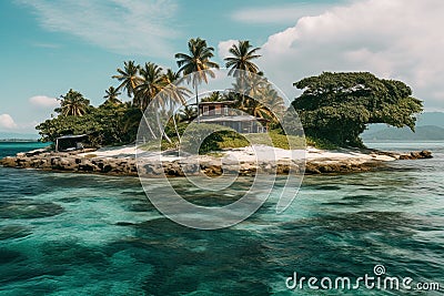 AI generated illustration of an idyllic island, with lush vegetation on a sunny day Cartoon Illustration