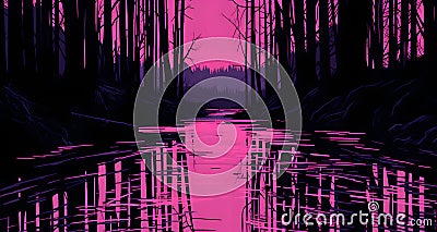 AI generated illustration of an idyllic landscape with dark silhouetted trees, and a pink lake Cartoon Illustration