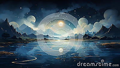 AI generated illustration of a landscape painting featuring a majestic lake surrounded by mountains Cartoon Illustration