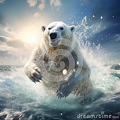 Big white Polar bear goes for a swim in the Early spring in wild bear catches a Cartoon Illustration