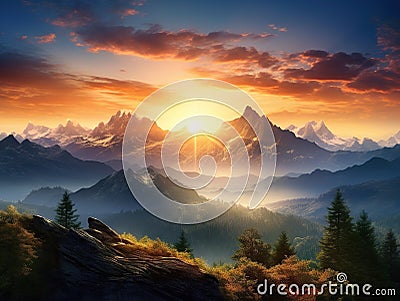 Sunset Mountains Cartoon Illustration