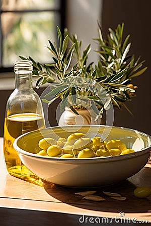 AI generated illustration of An image of a table with a bowl of olives Cartoon Illustration