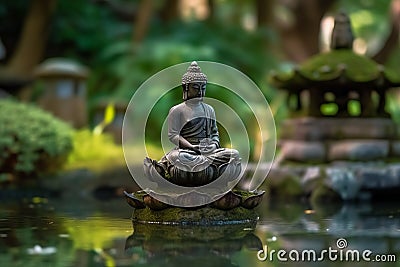 AI generated illustration of an impressive gray stone statue of Buddha on a tranquil pond Cartoon Illustration