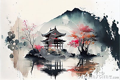 AI-generated illustration of an ink wash painting of an ancient Asian temple by a lake Cartoon Illustration