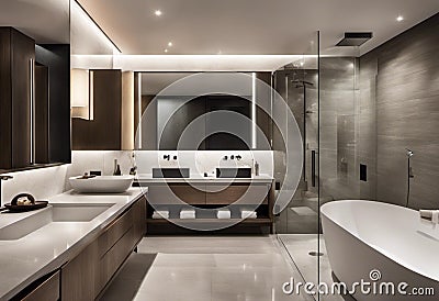 AI generated illustration of an interior shot of a modern bathroom, showcasing a porcelain sink Cartoon Illustration