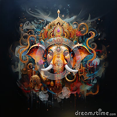 AI generated illustration of an intricate Ganesha statue with ornate crown, decorated with jewels Cartoon Illustration