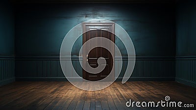 AI generated illustration of An isolated closed wooden door in a dimly lit interior Cartoon Illustration