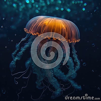 AI generated illustration of a jellyfish gliding through the water, illuminated by bubbles Cartoon Illustration