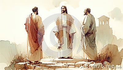 Jesus Christ before Pilate and Herod. Passion Friday. Life of Christ. Watercolor Biblical Illustration Stock Photo