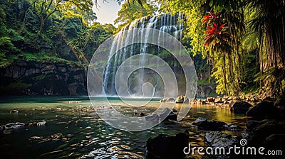 AI generated illustration of a jungle waterfall cascades Cartoon Illustration