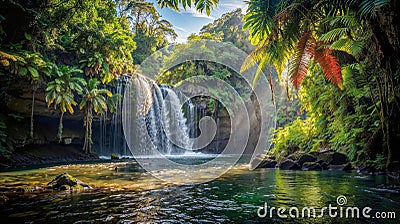 AI generated illustration of a jungle waterfall cascades Cartoon Illustration