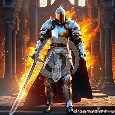 AI generated illustration of a knight in shining armor stands in the doorway of a burning castle Cartoon Illustration