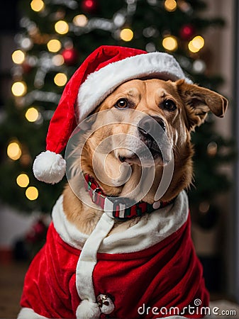 AI generated illustration of a labrador wearing a Santa Claus costume against a Christmas tree Cartoon Illustration