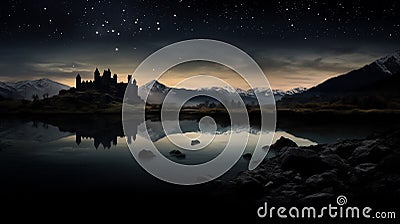 AI generated illustration of a lake surrounded by a majestic towering mountain range at night Cartoon Illustration