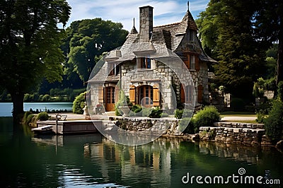 AI generated illustration of a lakeside building overlooking serene waters Cartoon Illustration