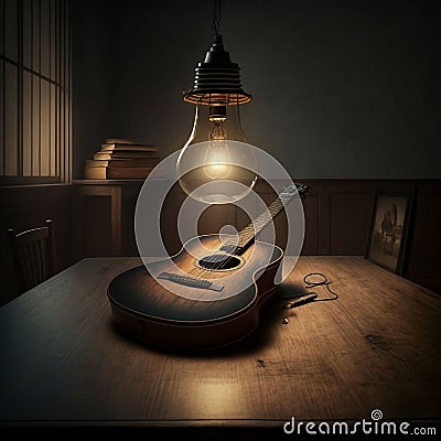 AI generated illustration of a lamp hanging on a guitar on wooden table Cartoon Illustration