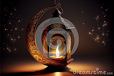 AI-generated illustration of a lamp in the shape of a moon for Ramadan observed by Muslims Cartoon Illustration