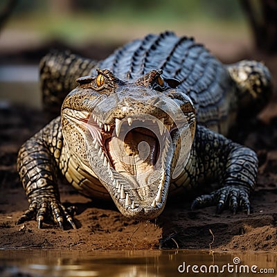 AI generated illustration of a large American alligator with its jaws open Cartoon Illustration