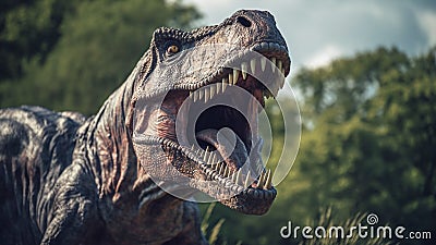 AI-generated illustration of a large dinosaur roaring in a forest Cartoon Illustration