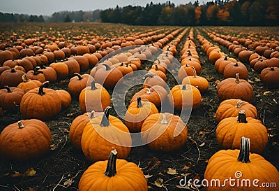 AI generated illustration of a large field filled with orange pumpkins near a forest side walk Cartoon Illustration