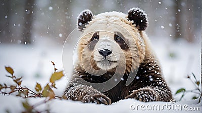 AI generated illustration of a large, fluffy panda bear is perched atop a bed of snow-covered shrubs Cartoon Illustration
