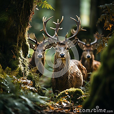 AI generated illustration of a large herd of deer grazing in a tranquil forest of trees and ferns Cartoon Illustration