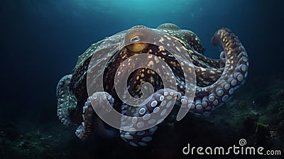 AI generated illustration of a large octopus resting on the seafloor, surrounded by ocean waters Cartoon Illustration