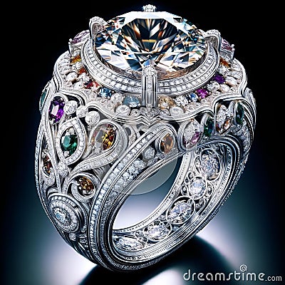 AI generated illustration of a large stylish silver ring features a unique design with diamonds Cartoon Illustration